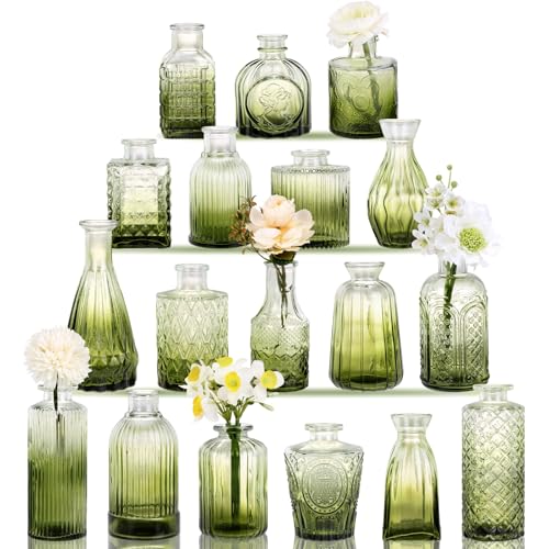 18pcs Green Glass Bud Vase Set, Small Flower Vases for Centerpieces in Bulk | Mini Vintage Glass Vase for Centerpieces, Decorative Flower Vases for Wedding Home Table Decor - color: Green, size: 18pcs