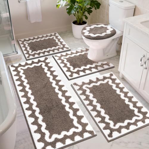 Findosom Bathroom Rugs Sets 5 Piece, Absorbent Soft Non-Slip Bath Rug Set | Washable Microfiber Shaggy Bath Mat Set with Bathroom Runner Rug, U-Shaped Toilet Rugs, Shower Rug & Toilet Lid Cover, Brown - color: Brown & White, size: 18"x26"+20"x32"+20"x48"+