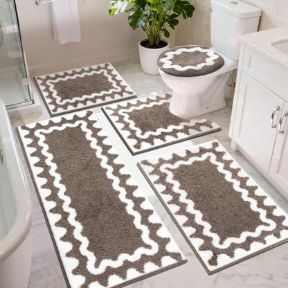 Findosom Bathroom Rugs Sets 5 Piece, Absorbent Soft Non-Slip Bath Rug Set | Washable Microfiber Shaggy Bath Mat Set with Bathroom Runner Rug, U-Shaped Toilet Rugs, Shower Rug & Toilet Lid Cover, Brown - color: Brown & White, size: 18"x26"+20"x32"+20"x48"+