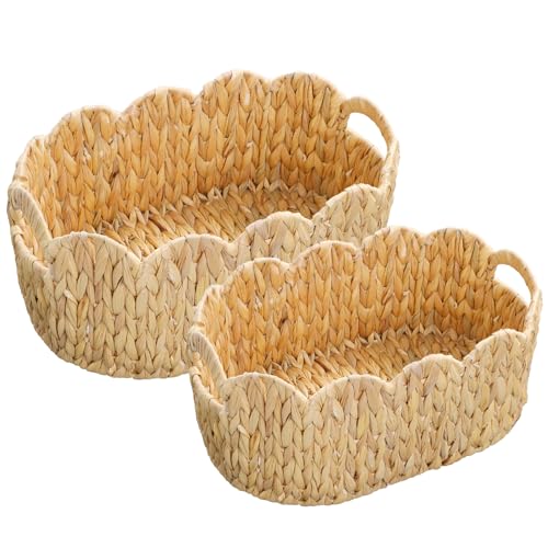 Coeusy Scalloped Basket Set of 2,Water Hyacinth Basket for Organizing and Decor,Hand-Woven Wicker Storage Baskets with Built-In Handles for Nursery,Gift - color: True colors