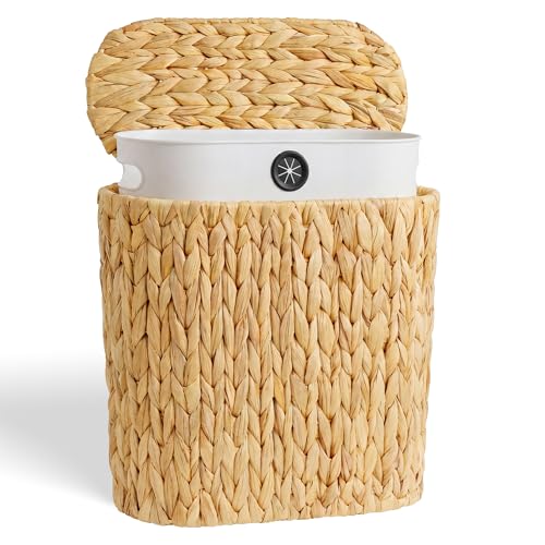 iEGrow 3 Gallon Wicker Trash Can, Bathroom Trash Can with Lid, Narrow Natural Water Hyacinth Waste Basket with Removable Liner, Boho Garbage Can for Bedroom, Office, Small Spaces Living Room, Toilet - color: Brown, size: Oval