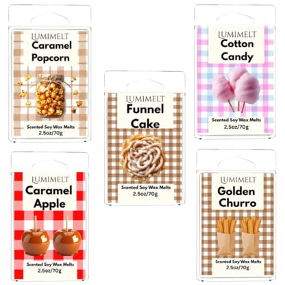 LUMIMELT County Fair Favorites Wax Melt Bundle – 5 Pack Scented Soy Wax Melts – Caramel Popcorn, Funnel Cake, Cotton Candy, Caramel Apple & Golden Churro – Long Lasting Home Fragrance