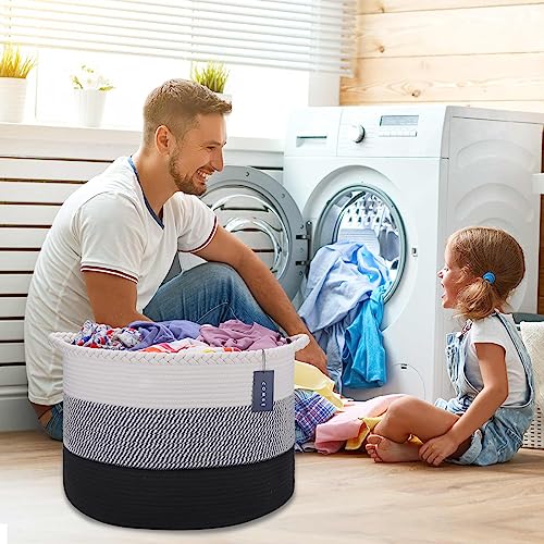 COMSE XXXLarge Woven Blanket & Laundry Basket, 87L, White &Gray &Black | 21.7"x 13.8", Cotton Rope, Nursery Hamper for Storage of Toys, Clothes & Towels, Ideal for Living Rooms, Bedrooms & Bathrooms - color: White & Gray & Black