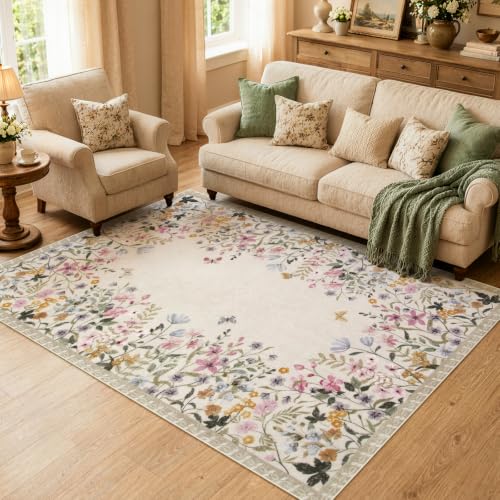 Wonnitar 5x7 Area Rug for Living Room, Floral Washable Rug for Bedroom, Boho Botanical Nursery Rug, Non Slip Soft Farmhouse Carpet, Beige Kids Playroom Decor (5x7 Beige) - color: Beige, size: 5' x 7' (Rectangular)