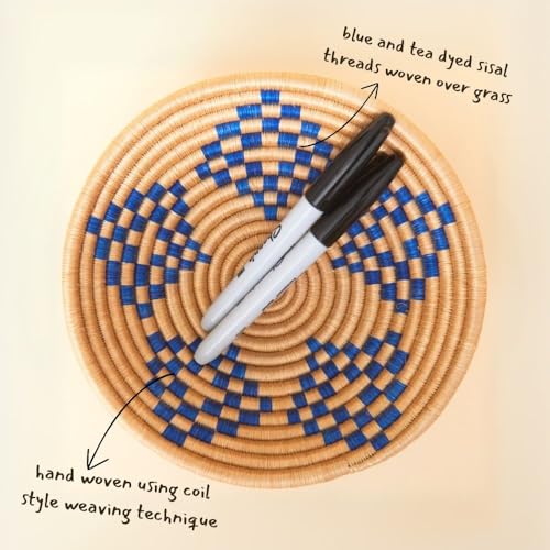Small African Wicker Basket Bowl, 7" Wide, Blue - color: Blue
