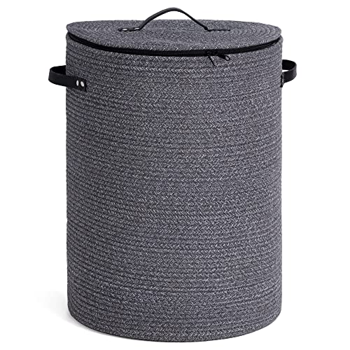 CHICVITA Large Woven Laundry Basket with Lid & Leather Handles, 60L, Grey | 15" x 20" Tall Laundry Hamper, Storage Basket for Blanket, Pillows, Clothes & Toys, Fits Living Room & Nursery Décor - color: Dark Grey
