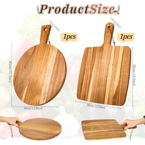 2 Pcs Acacia Wood Cutting Board with Handle, Decorative Wooden Serving Chopping Board Large Butter Charcuterie Butcher Blocks Tray for Kitchen Pizza Cheese Meat Vegetables Fruit Bread Baking