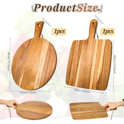 2 Pcs Acacia Wood Cutting Board with Handle, Decorative Wooden Serving Chopping Board Large Butter Charcuterie Butcher Blocks Tray for Kitchen Pizza Cheese Meat Vegetables Fruit Bread Baking