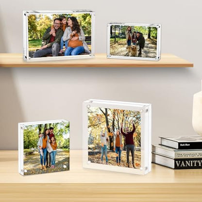 AMEITECH 8x8 Acrylic Picture Frame, Frameless Clear Photo Frames | Double Sided Floating Magnetic Frames, 24mm Thick, Free Standing Desktop Display for Postcards, Pictures and Artworks - size: 8 x 8 inch