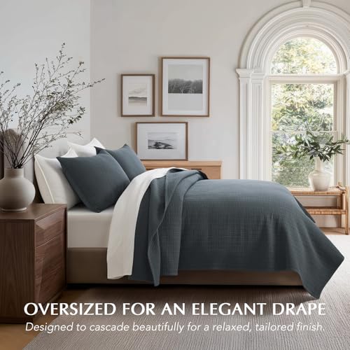 100% Cotton Modern Grid Stitch Quilt Set Queen Size Midnight Blue | Pre-Washed Cotton Coverlet Bedspread, Oversized Lightweight 3-Piece Bedding Set for All Season, with 2 Pillow Shams - color: Midnight Blue, size: Full/Queen (96" X 94")