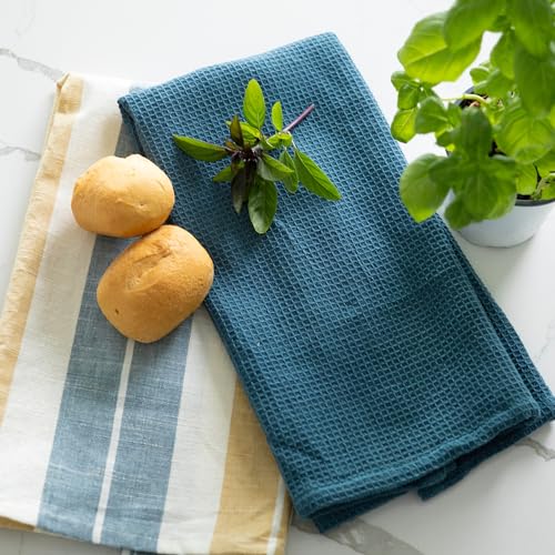 Elsie & Zoey Kitchen Tea Towels - 3-Piece Blue & Tan Stripe Tea Towel Set, 2-Piece Tea Towels, 1-Piece Storage Bag with Handle, 100% Cotton Dish and Hand Towels for Drying & Décor, 16" x 27"