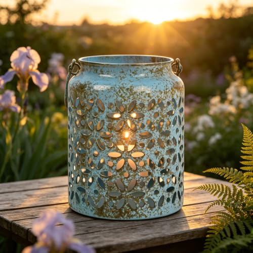Vintage Metal Candle Lanterns with Handle Rustic Distressed Blue Decorative Candle Holder with Floral Cut-Out Design for Home, Garden, Patio, Porch, Parties, Weddings Decor - color: Blue#2