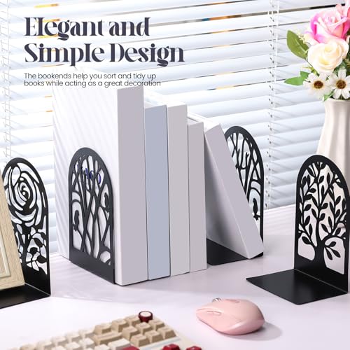 Feifeiya 6 Pairs Decorative Book Ends Metal Bookends for Shelves Black Metal Heavy Duty Book Ends Holder Supports Stoppers for Home Office School, 6.9x4.9x3.5”(Tree and Flower) - style: Tree and Flower