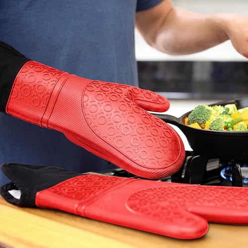 BPA-Free Soft Silicone Oven Mitts - Ultra Heat Resistant Oven Mitts with Thick Cotton Liner - Extra Long Slip Resistant Pot Holders, Flexible Oven Gloves - color: Canyon Red, size: 2-Piece 14.7" Oven Mitts