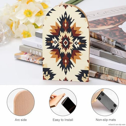Native Geometric Pattern Southwestern Wooden Bookends Shelves 2 PCS Sturdy Book Holders Desktop Organizer for Home Office Libraries