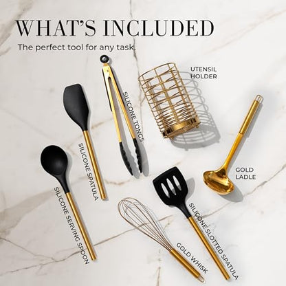 Styled Settings Black and Gold Kitchen Utensils Set with Holder, 7-Piece | Nonstick BPA-Free Silicone Cooking Utensils Set with Gold Utensil Holder, Luxury Kitchen Accessories - color: 7 Piece Black & Gold