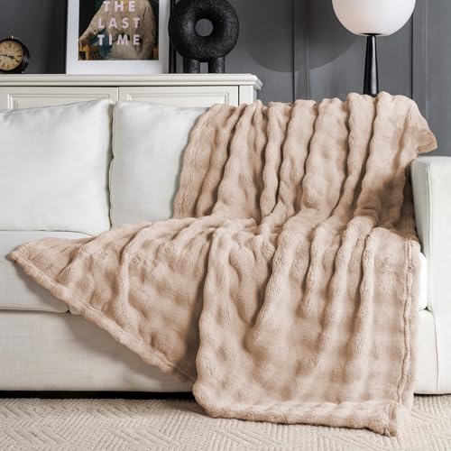Brown Faux Fur Throw Blanket for Couch, Soft Fluffy Bubble Blanket for Bed Sofa, Thick Warm Plush Fuzzy Rabbit Fur Blanket for Neutral Home Decor, 50"X 60" - color: Brown, size: throw(50x60)