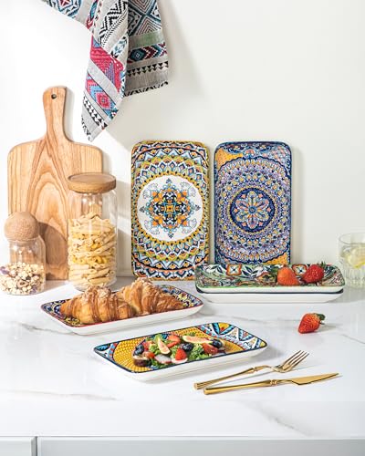 Boho Ceramic Rectangular Serving Plates Set of 6, 10 Inch Dinner Plates | Assorted Patterns, Ideal for Sushi, Salad, Appetizers, Bread & Side Dishes, Microwave & Dishwasher Safe - size: 10 Inch