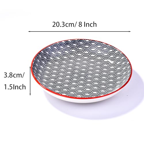 4-Piece Ceramic Salad Plate Set, 8-Inch Round Dessert Plates with Black & White Wave Motif, Modern Serving Dish with Vibrant Red Rim, Microwave & Dishwasher Safe, Stackable Plates for Sushi & Snacks - color: BL