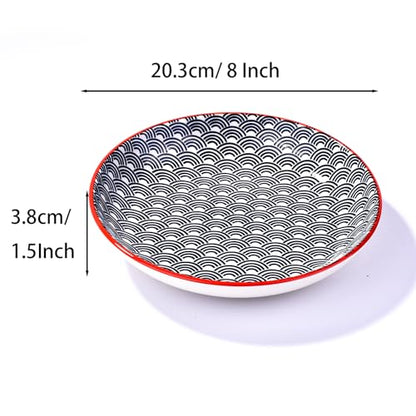 4-Piece Ceramic Salad Plate Set, 8-Inch Round Dessert Plates with Black & White Wave Motif, Modern Serving Dish with Vibrant Red Rim, Microwave & Dishwasher Safe, Stackable Plates for Sushi & Snacks - color: BL
