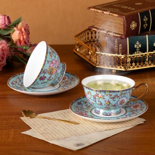KAMMAK Tea Cups and Saucers Set of 2, Porcelain Coffee Cups, JBE021 | Stackable Espresso Mugs, Ceramic Demitasse for Coffee, Cappuccino, Latte, Americano, Tea - size: 8CZJBE021