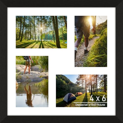 4x6 Picture Frame Collage 4 Openings, Black Wood Frame, White Mat | Holds 4 4x6 Photos or 12x12 Picture, Multi Photo Collage Frame Wall Decor Wooden, Horizontal/ Vertical, Tabletop/ Wall Mount - color: Black Frame & White Mat, size: 4 Openings (12x12) - 4