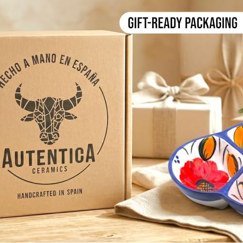 3-Compartment Ceramic Serving Dish, Handmade in Spain | 7.5” divided chip and dip bowl with lead-free glaze, microwave, oven and dishwasher safe, ideal for tapas, snacks and sauces - color: Fiesta Flower