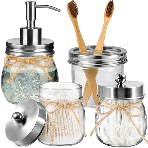 Amolliar Mason Jar Bathroom Accessories Set 4 Pcs -Lotion Soap Dispenser & 2 Qtip Holders & Toothbrush Holder - Rustic Farmhouse Decor, Bathroom Home Decor (Brushed Nickel) - color: Brushed Nickel