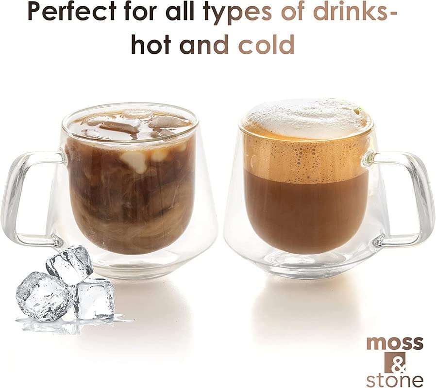 Moss & Stone Set of 4 Double Wall Glass Cup Clear Mug, Double Walled Coffee Mugs 7.5 Oz, Glass Tea Mugs, Insulated Coffee Mug With Handle. - style: 4 Cups