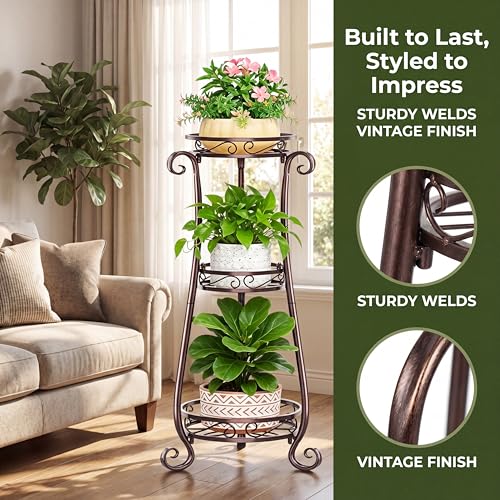 SYO 3-Tier Metal Plant Stand, Antique Bronze, Indoor Outdoor Flower Rack for Patio, Courtyard, Living Room, 33.9 in Tall