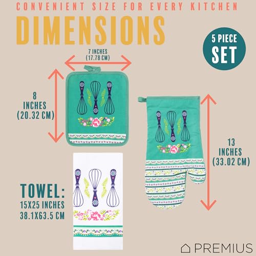 5 Piece Grandma's Whisks Printed Kitchen Linen Set, 2 Cotton Towels,2 Potholders,1 Oven Mitt with Hanging Loop, 100% Cotton Material on Front & Polyester Backing, Perfect Kitchen Accessory - color: Grandma's Whisks