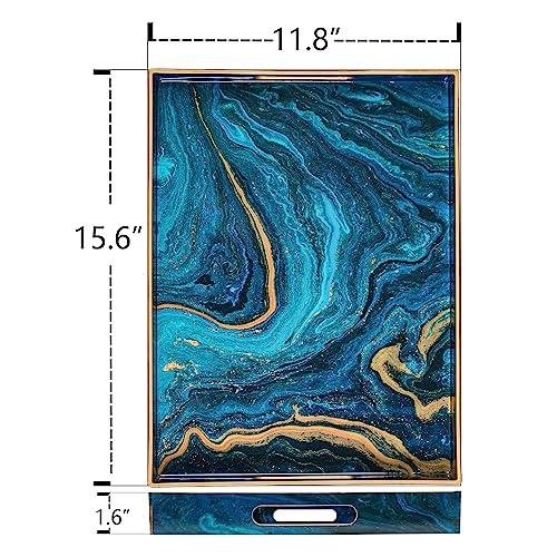 Blue Serving Trays, Plastic Rectangular Serving Tray with Handles | Rectangle Coffee Table Trays, Modern Marbling Sticker Trays, Melamine Tray for Ottoman, Kitchen Countertop, 15.6” x 11.8” - color: Blue, size: 15.6" x 1.6" x 11.8"