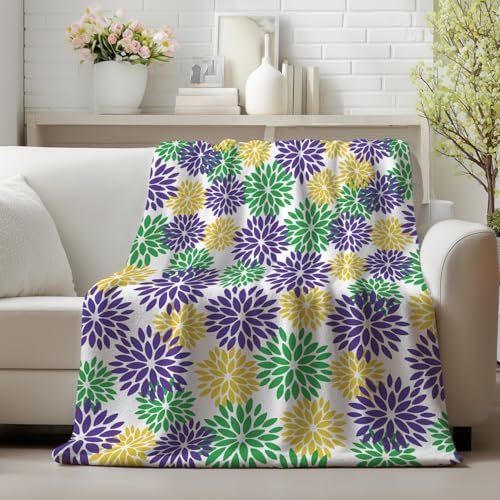 Horaldaily Dahlia Mardi Gras Yellow Purple Flannel Throw Blanket 60x80 | All Season Using Ultra Soft Fuzzy Plush Cozy Non-shedding Blanket for Couch Sofa Bed Camping, Ideal Gift for Kids Adults - color: Green Yellow Purple, size: Twin(60x80”)