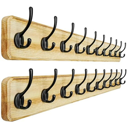 Coat Rack Wall: 38-1/4" Long, Patented, Heavy-Duty, 10-Double-Hooks Wooden Wall Mounted Coat Rack Coat Hanger Hook Rail for Winter Coats Hat Jacket Clothing, Light Brown, Pack of 2 - color: Light Brown & Black, size: L=38.3"(2pcs)