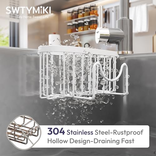 SWTYMIKI Sponge Holder for Kitchen Sink - Movable Kitchen Sink Caddy with M Shape Hook, Stainless Steel Hanging Sponge Caddy for Dish Sponge, Brush, Stopper Organizer in Double Bowl Sink, White - color: White-regular