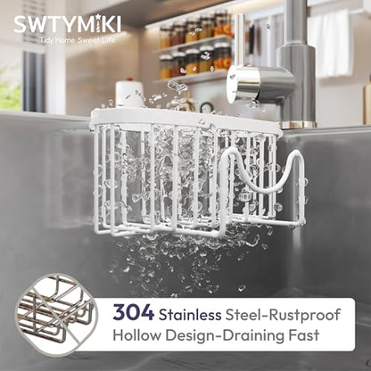 SWTYMIKI Sponge Holder for Kitchen Sink - Movable Kitchen Sink Caddy with M Shape Hook, Stainless Steel Hanging Sponge Caddy for Dish Sponge, Brush, Stopper Organizer in Double Bowl Sink, White - color: White-regular