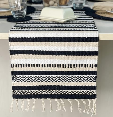 Black, Cream, White Boho Table Runner | Cotton Farmhouse Table Linen 13x90 Inches| Machine Washable, Durable and Easy to Combine - color: Ivory-black, size: 13x90 Inch.