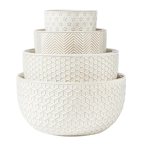 Ceramic Mixing Bowls, Embossed Nesting Bowls Set of 4, Mixing Bowl Set for Serving, Baking, Cooking and Gift, Microwave and Dishwasher Safe, 20/47/99/148 oz, Off-White - size: 20&47&99&148 oz