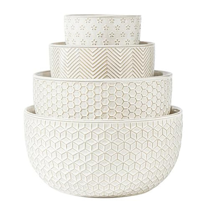 Ceramic Mixing Bowls, Embossed Nesting Bowls Set of 4, Mixing Bowl Set for Serving, Baking, Cooking and Gift, Microwave and Dishwasher Safe, 20/47/99/148 oz, Off-White - size: 20&47&99&148 oz