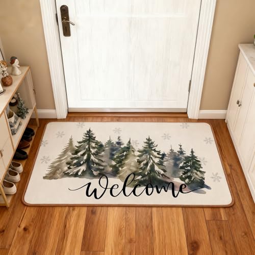 Merry Christmas Tree Front Door Mat，30 x 17 Inch Xmas Winter Indoor Outdoor Welcome Decorative Doormat Anti-Slip Rubber for Outside Seasonal Holiday Decoration (White)