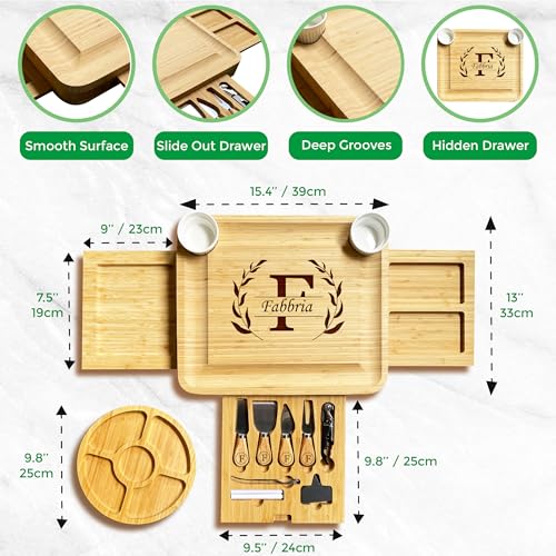 NBE Custom Engraved Bamboo Cheese Board with 3 Drawers & Utensil Set - Personalized Charcuterie Serving Tray, Mother's Day Wedding Housewarming Gifts for Women Couples