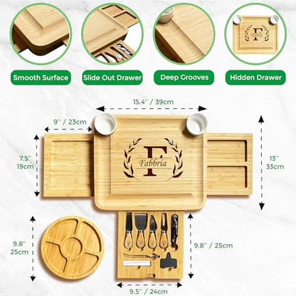 NBE Custom Engraved Bamboo Cheese Board with 3 Drawers & Utensil Set - Personalized Charcuterie Serving Tray, Mother's Day Wedding Housewarming Gifts for Women Couples