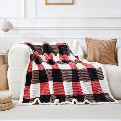PU MEI Sherpa Blanket Twin Plaid Thick Bed Blanket, 60”*80” Super Soft Flannel Fuzzy Fleece Reversible Velvet Plush Warm Blanket for Couch (Black Red Check) - color: Black Red Check, size: 60"*80"