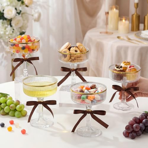 Set of 24 Plastic Champagne Coupe Glasses with Bow 7 oz Gold Champagne Tower Set Stackable Acrylic Ribbed Martini Glasses Cocktail Coupe Cup for Wedding Birthday Party Bar (Bowknot,Brown) - color: Brown, style: Bowknot