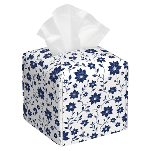 Tissue Box Cover Square, Blue Indigo Floral Flowers Leather Tissue Box Cover Decorative Facial Paper Organizer Dispenser for Bathroom Kitchen Bedroom Vanity Countertop Night Stands - color: Color2