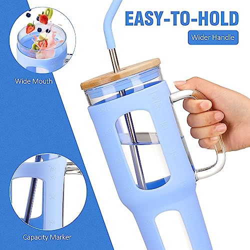 WINSA Glass Tumbler with Lid and Straw, 46 oz, Glacier | Iced Coffee Cup with Handle, Large Water Bottle with Silicone Sleeve, Pearl Straw & Drinking Straw, BPA Free - color: Glacier, size: 46 Ounces