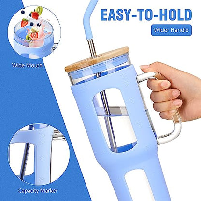 WINSA Glass Tumbler with Lid and Straw, 46 oz, Glacier | Iced Coffee Cup with Handle, Large Water Bottle with Silicone Sleeve, Pearl Straw & Drinking Straw, BPA Free - color: Glacier, size: 46 Ounces