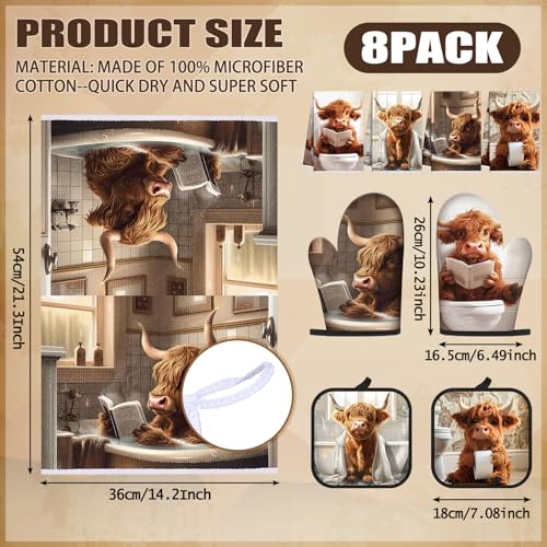 VitalCozy 8 Pcs Highland Cow Kitchen Towels Pot Holders Oven Mitt Set Absorbent Highland Cattle Dish Towels Square Potholders Watercolor Heat Resistant Glove for Home Cooking Baking Gift(Funny) - style: Funny