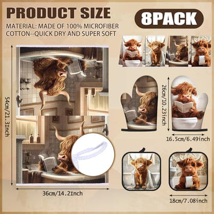 VitalCozy 8 Pcs Highland Cow Kitchen Towels Pot Holders Oven Mitt Set Absorbent Highland Cattle Dish Towels Square Potholders Watercolor Heat Resistant Glove for Home Cooking Baking Gift(Funny) - style: Funny