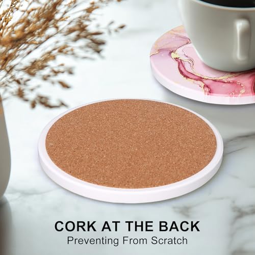 6 Pcs Pink Marble Abstract Ceramic Coasters with Holder Best Round Drink Absorbent Coaster for Desk, Lounge, Coffee Table, Wine, Beverage, Bar Coasters Set - color: Pink